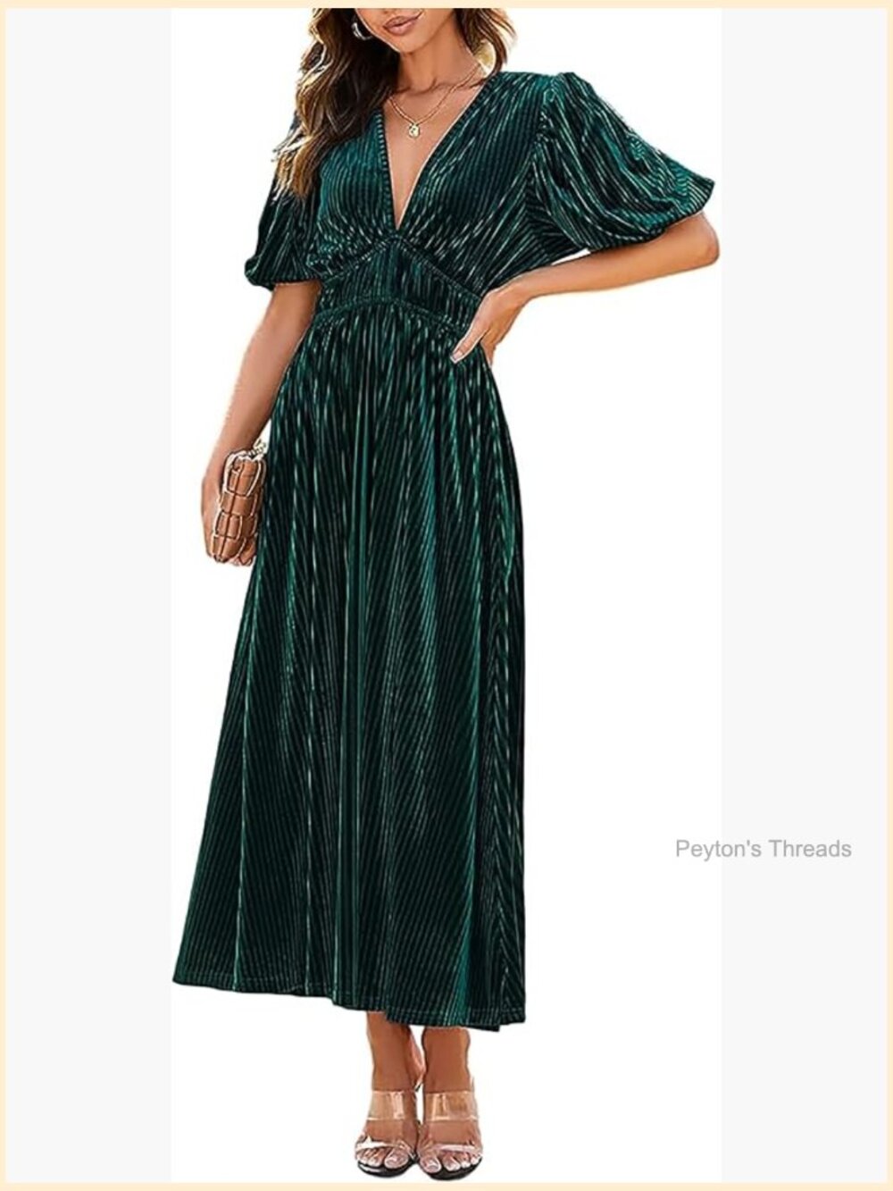 Velvet Puff Sleeve Deep V Neck High Waist A-Line Midi Dress